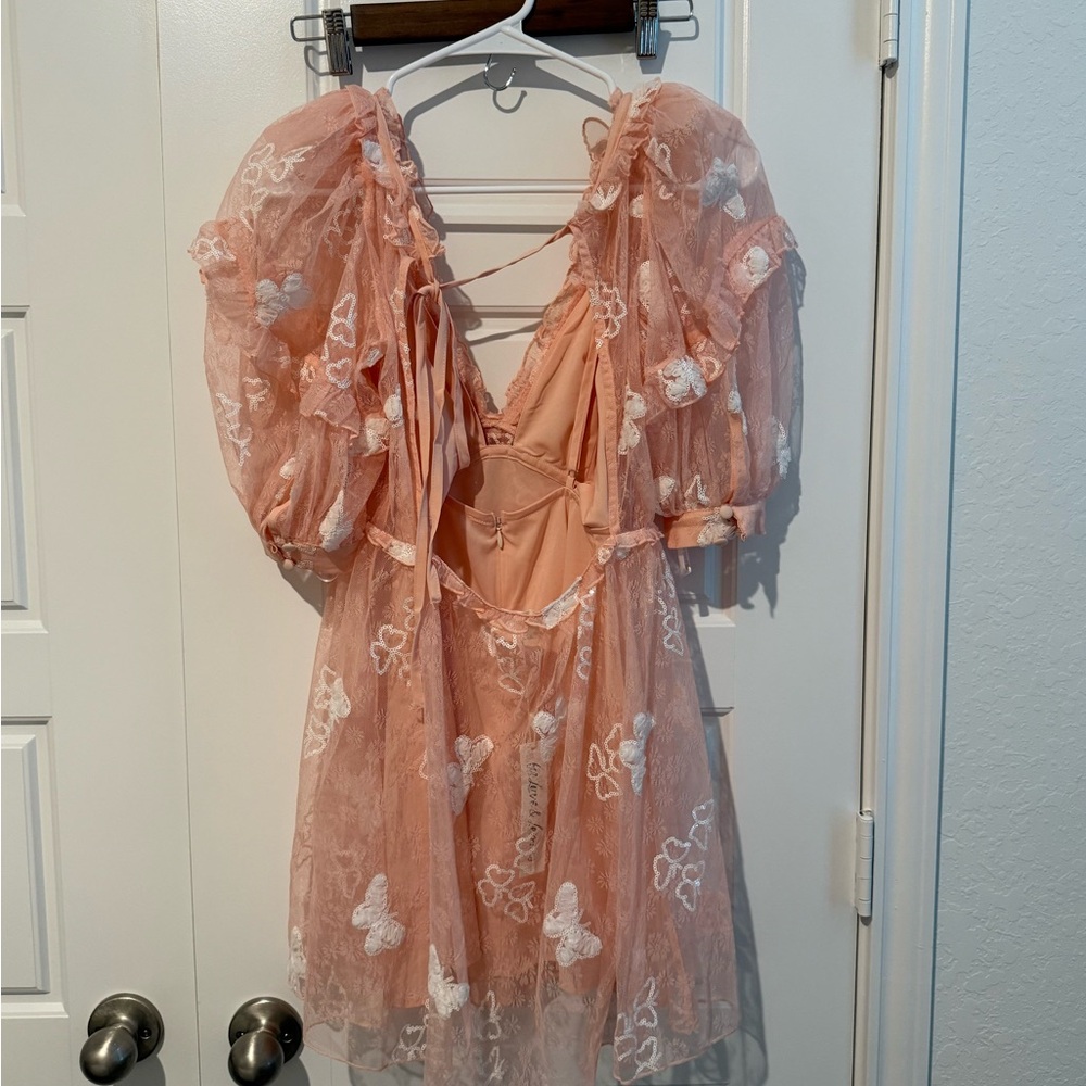 For Love & Lemons Peach Pink Butterfly Embroidered Mini Dress - Picture 3 of 4